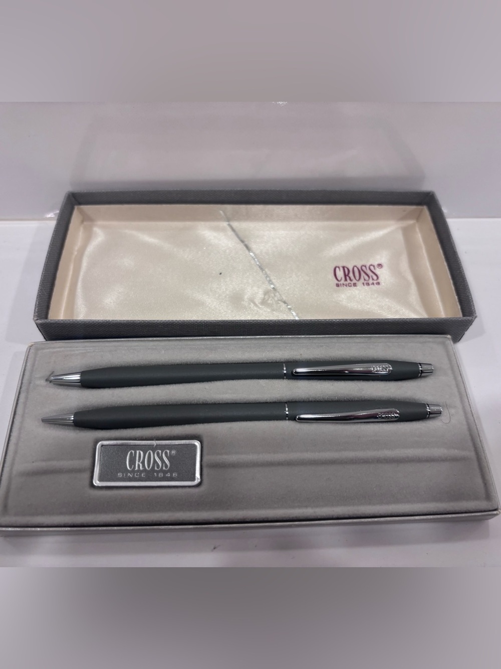 Cross 2101 Gray Ballpoint Pen & Mechanical Pencil Set with Original Box